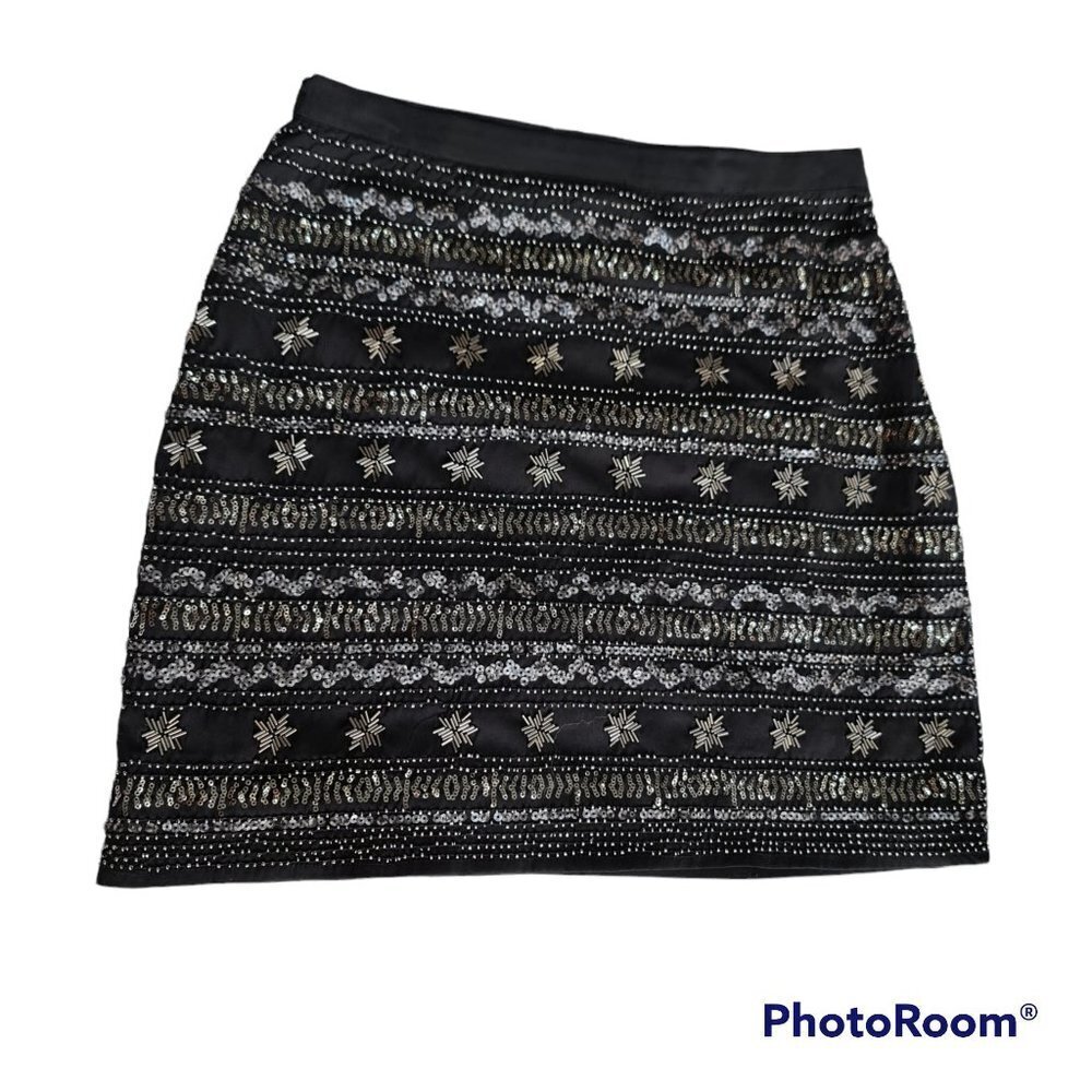 Alya Black Sequins Beaded Front Mini Skirt - Size Medium